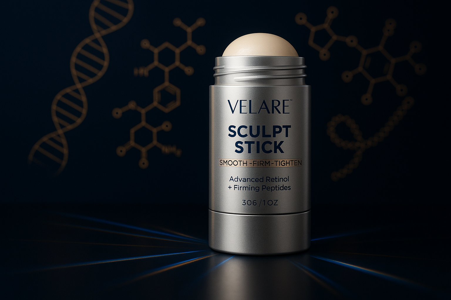 VELARE Sculpt Stick with molecular visualizations on dark background