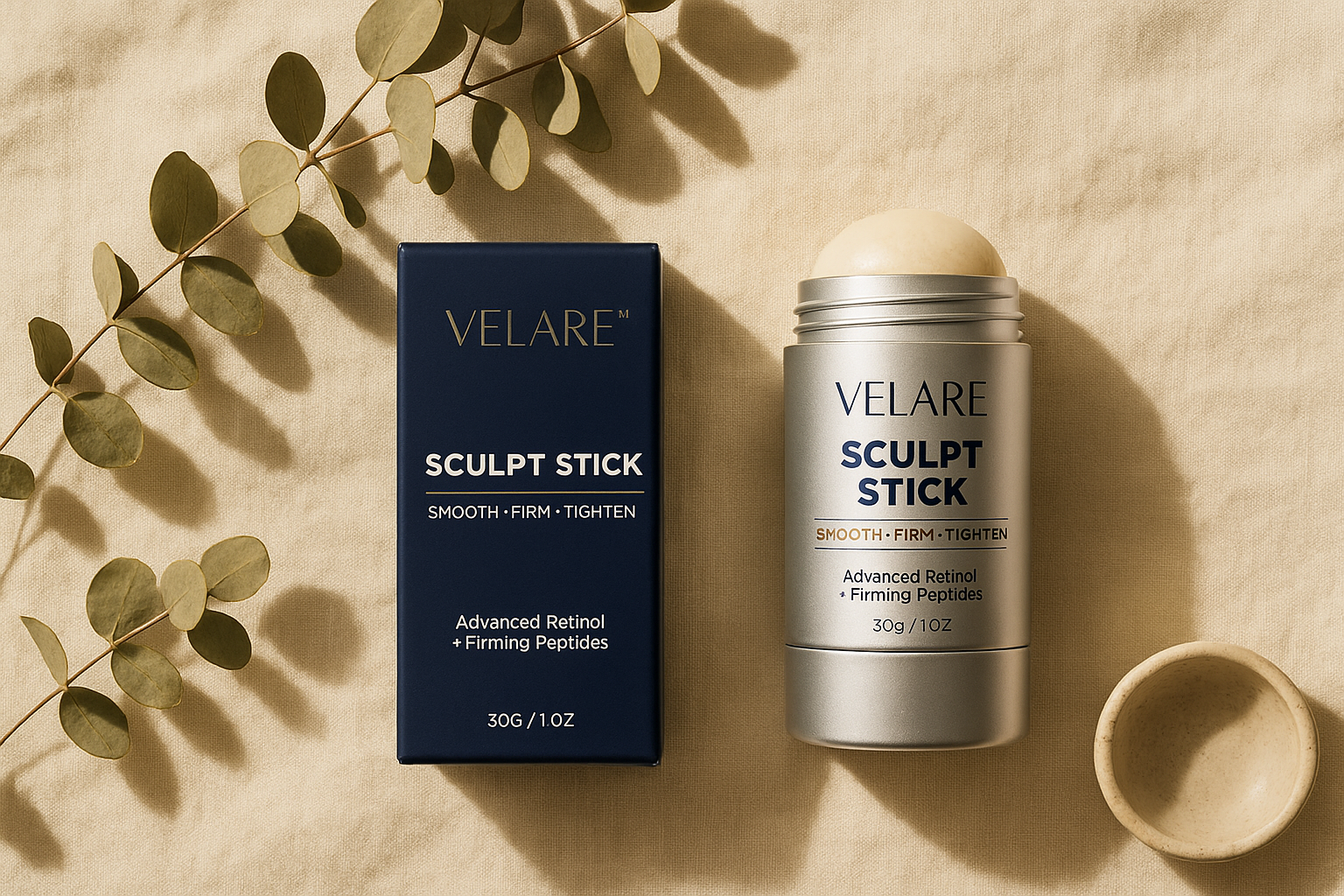 VELARE Sculpt Stick flat-lay with eucalyptus on cream linen