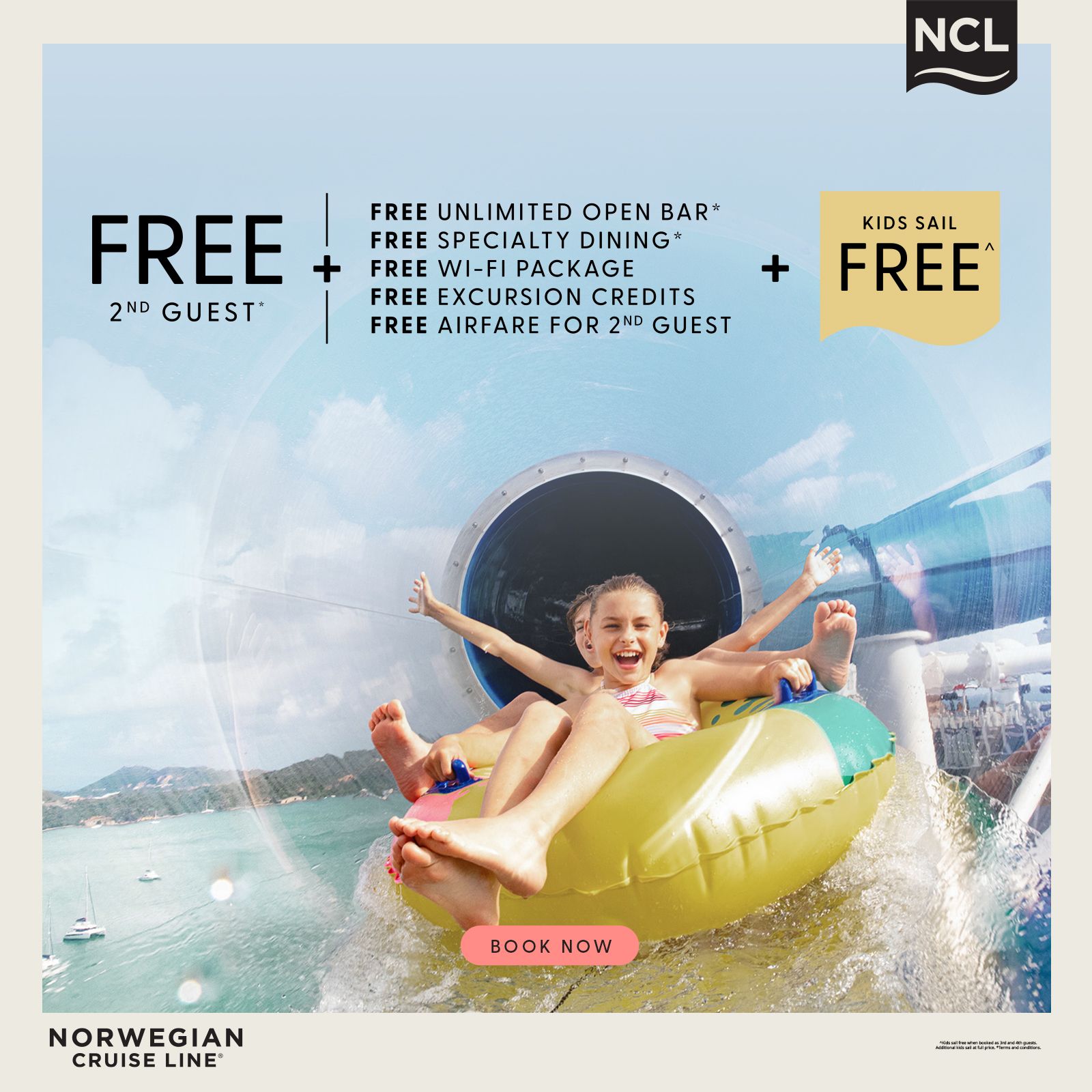 Kids on an inflated tube inside a water slide on a cruise ship