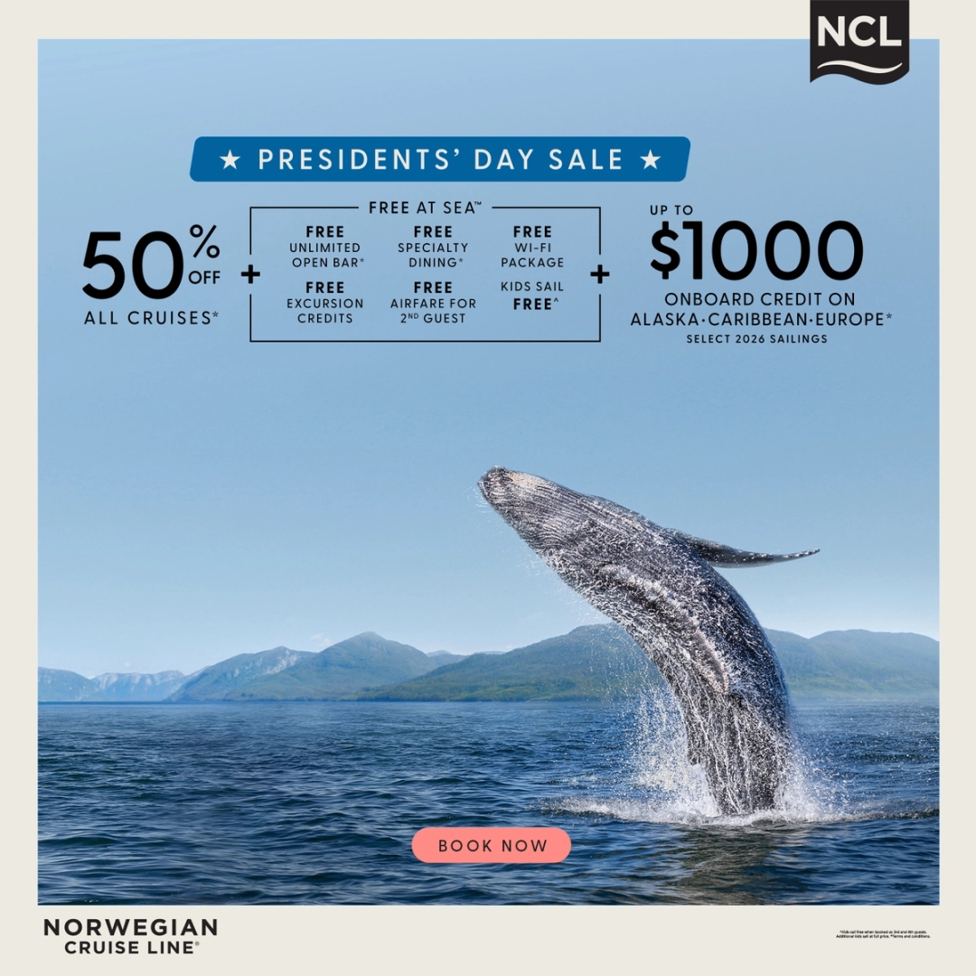 A whale breaching the water with 50% off all cruises and other promotions overlaid