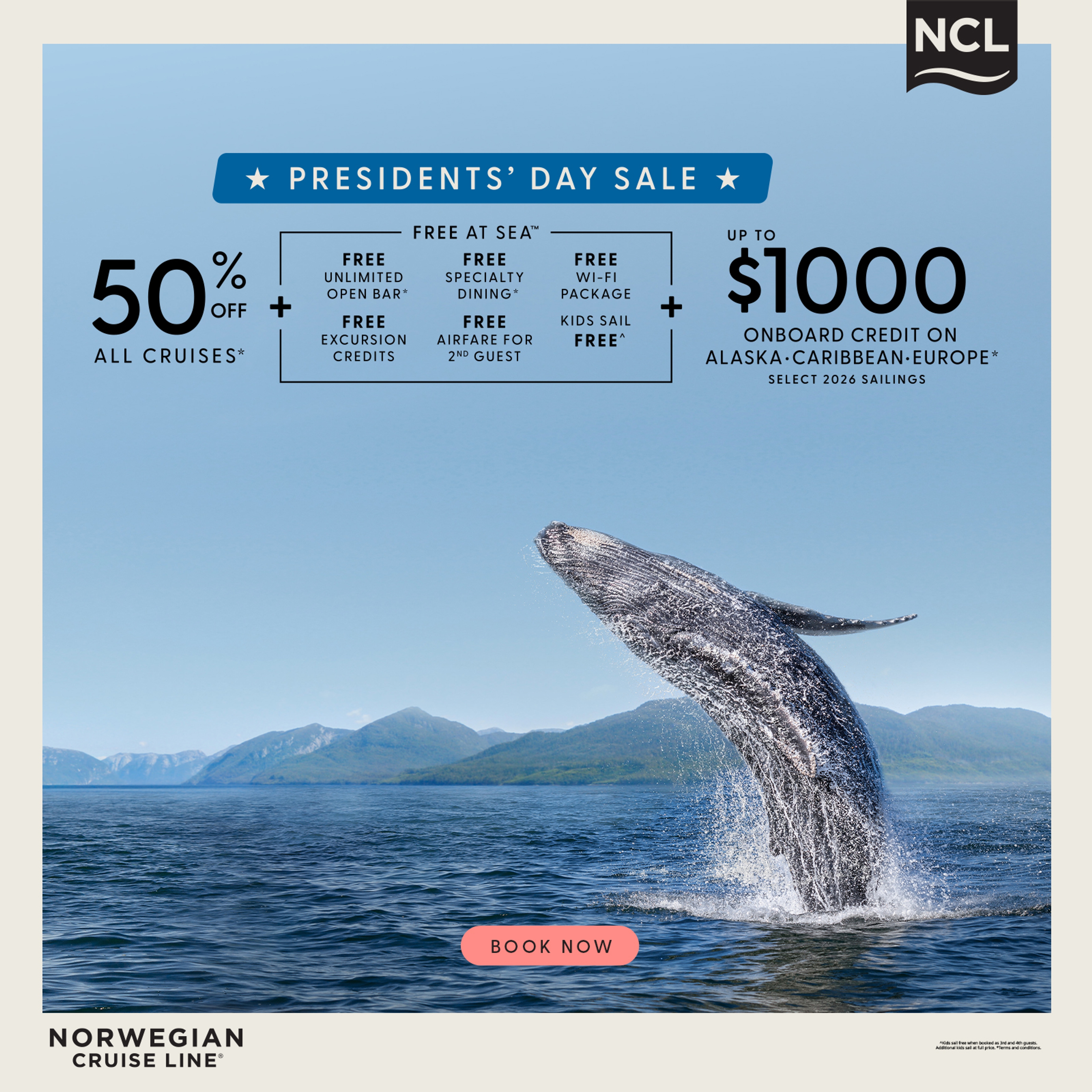 A whale breaching the water with 50% off all cruises and other promotions overlaid