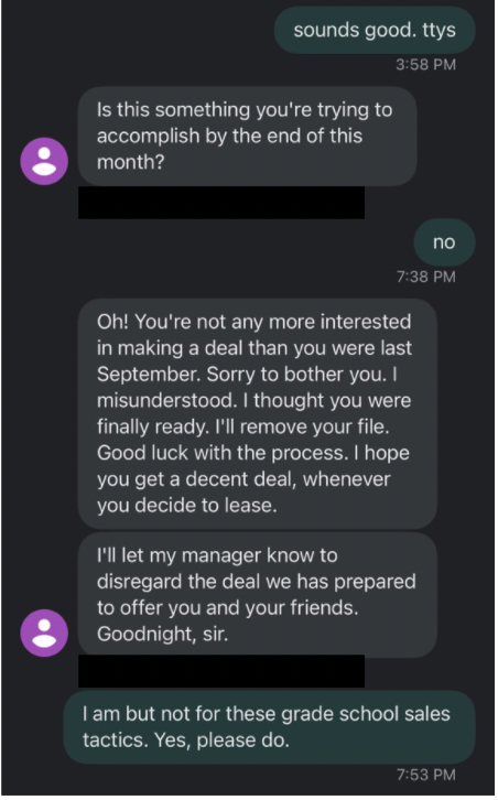 screenshot of text exchange with car dealer