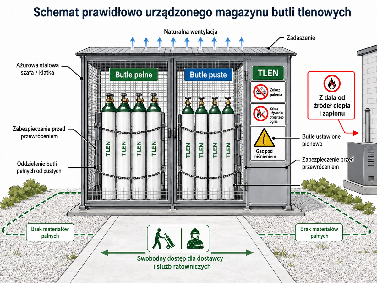 Schemat prawidłowo urządzonego magazynu butli tlenowych