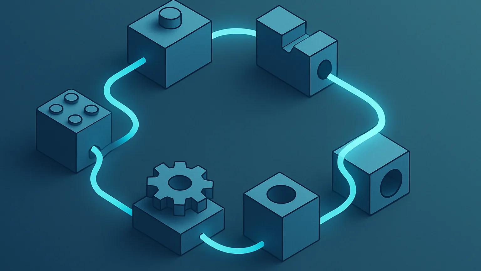 Isometric illustration of separate modular blocks being joined by flowing lines into one connected loop, representing disconnected business tools working as one system.