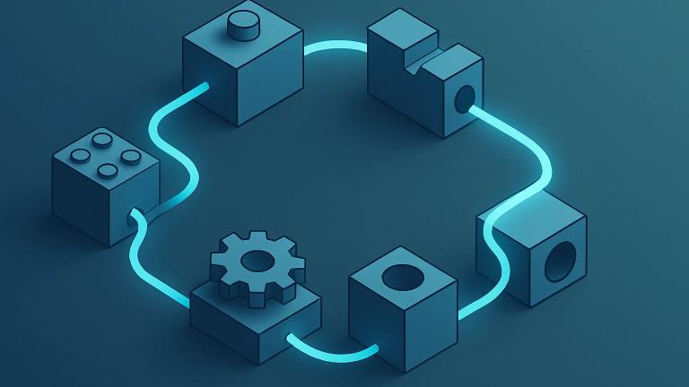 Isometric illustration of separate modular blocks being joined by flowing lines into one connected loop, representing disconnected business tools working as one system.