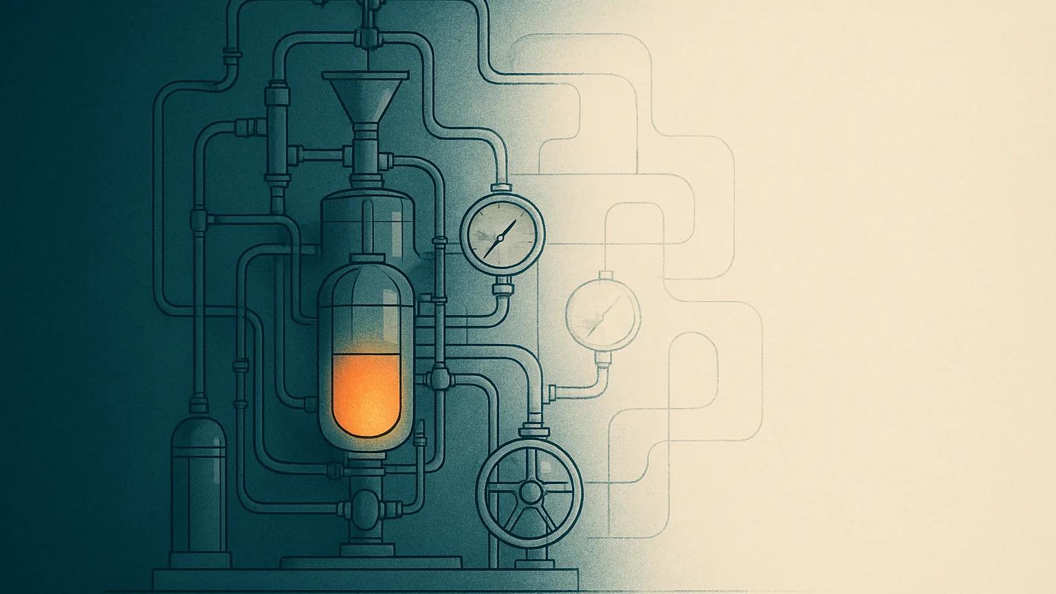 An intricately detailed technical apparatus dissolving into a flat blank outline, illustrating how deep expertise becomes invisible online.