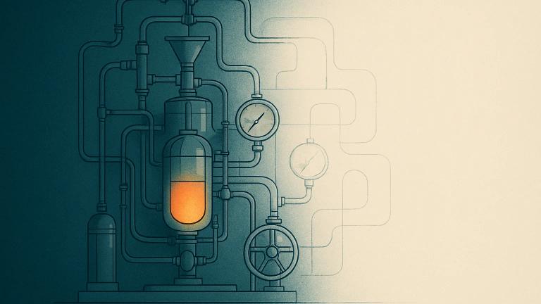 An intricately detailed technical apparatus dissolving into a flat blank outline, illustrating how deep expertise becomes invisible online.