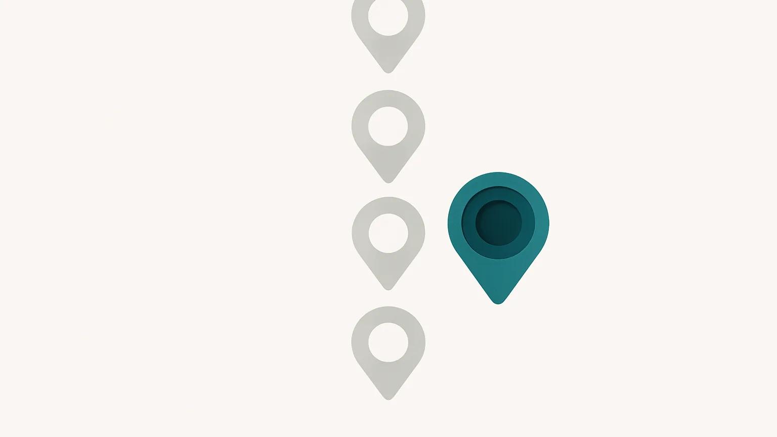 A row of identical grey location pins with one rendered in teal and more detailed, representing a business profile that shows its true depth.