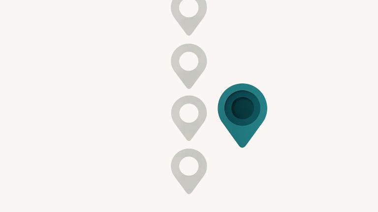 A row of identical grey location pins with one rendered in teal and more detailed, representing a business profile that shows its true depth.