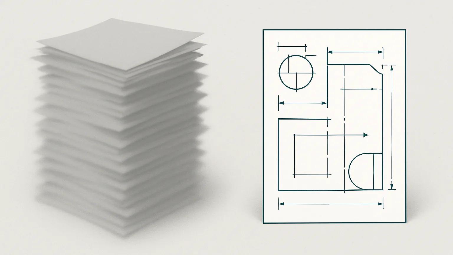 An illustration contrasting a stack of identical blank grey pages with a single detailed technical drawing, representing generic marketing versus specific engineering capability.
