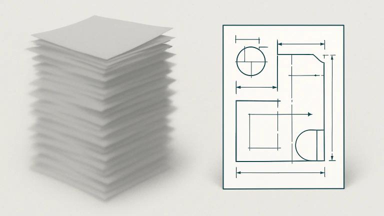 An illustration contrasting a stack of identical blank grey pages with a single detailed technical drawing, representing generic marketing versus specific engineering capability.