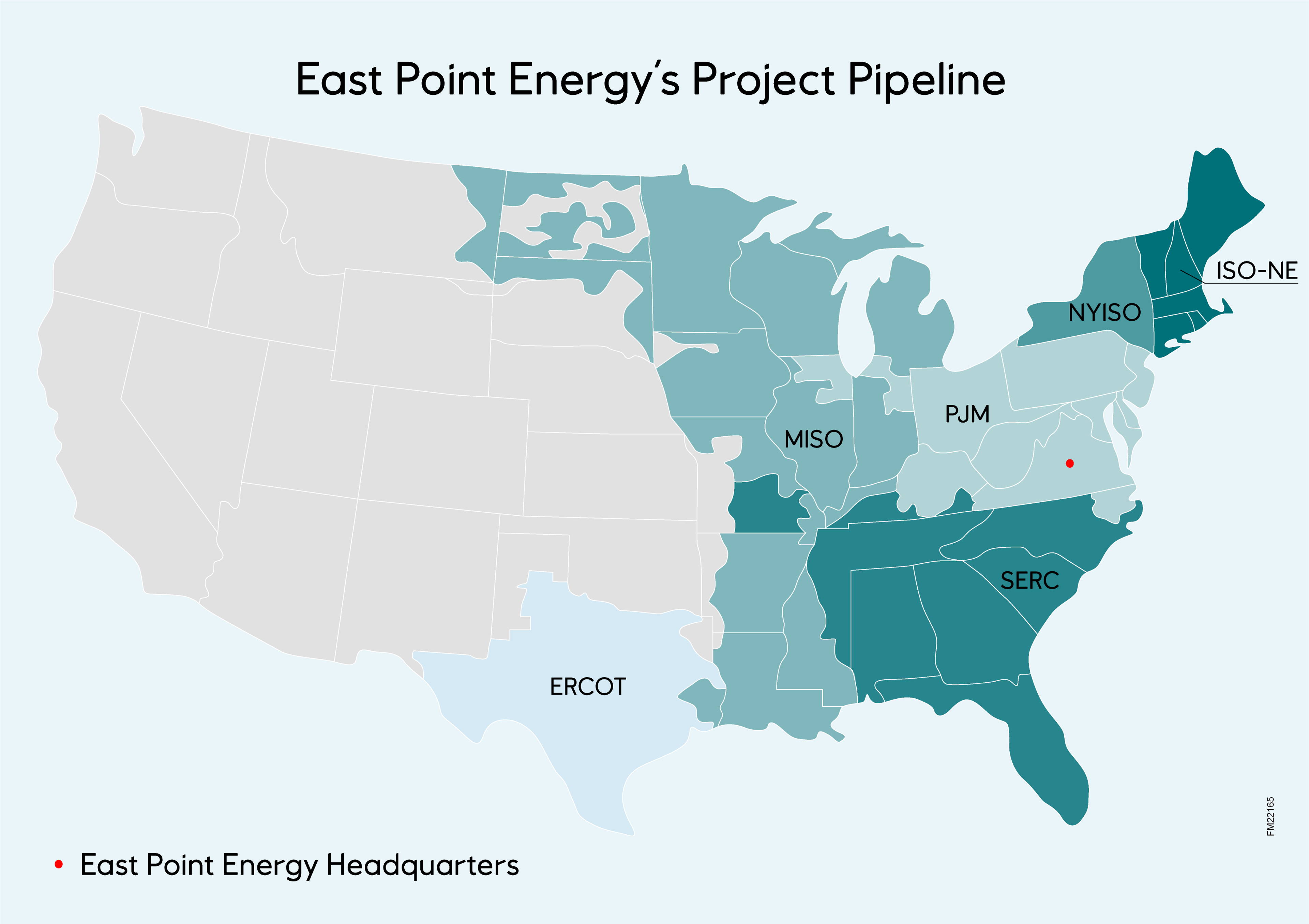 Kart over amerikanske kraftmarkeder hvor East Point Energy modner prosjekter
