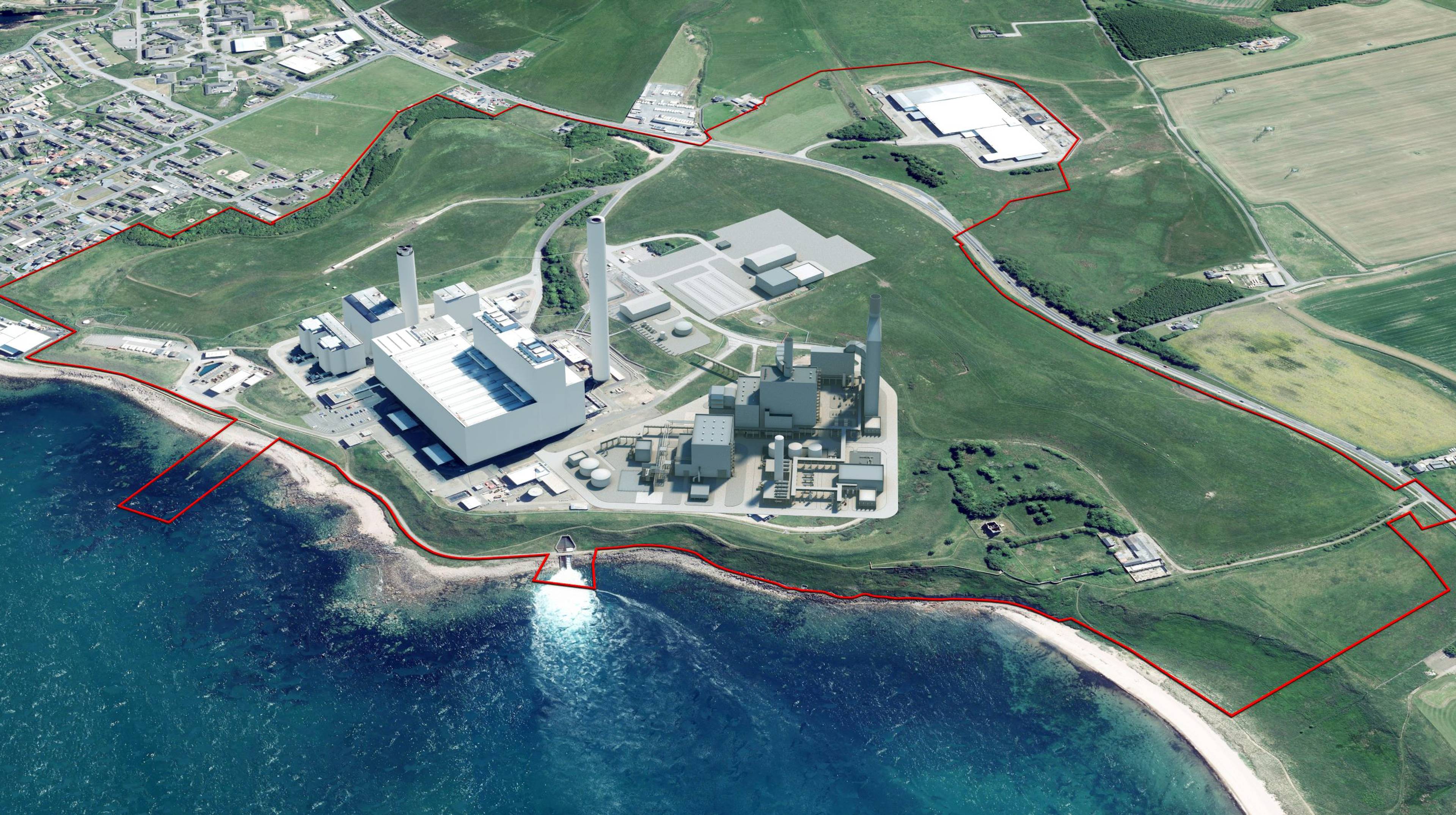 Aerial photo and illustration of the proposed Peterhead Carbon Capture Power Station