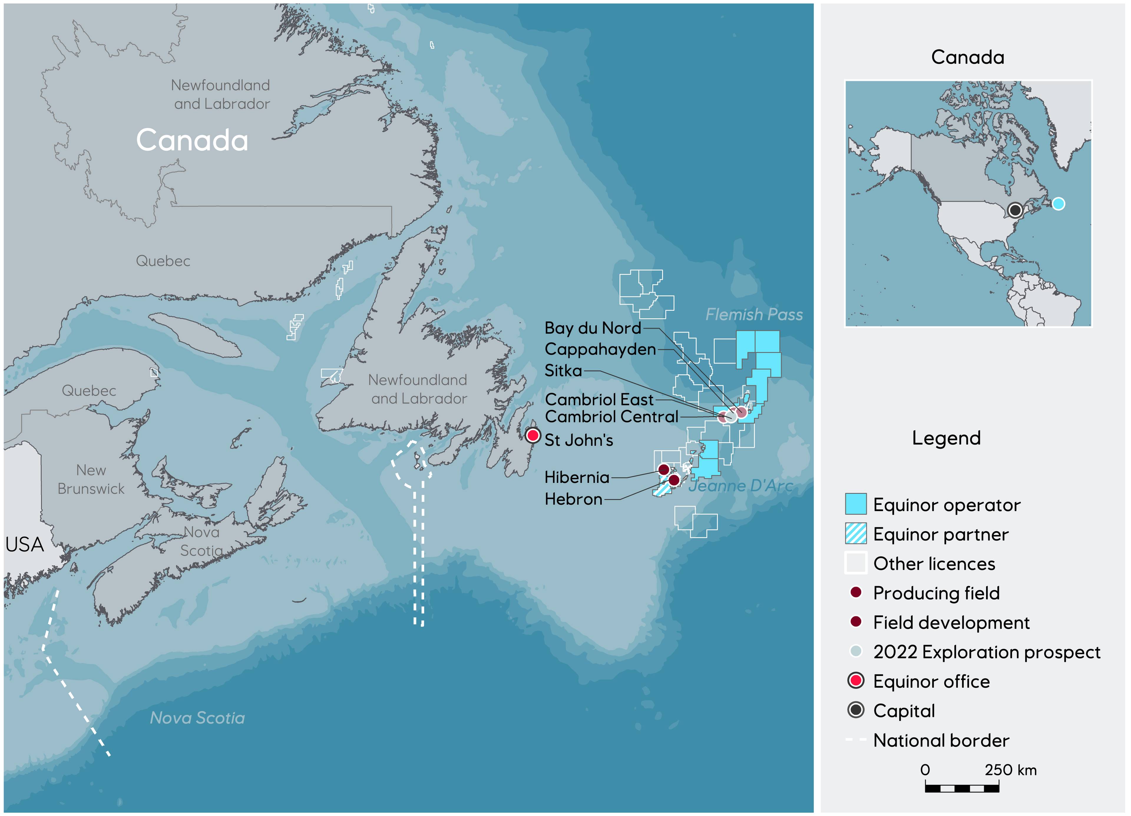 Map with overview of licences and discoveries offshore Newfoundland