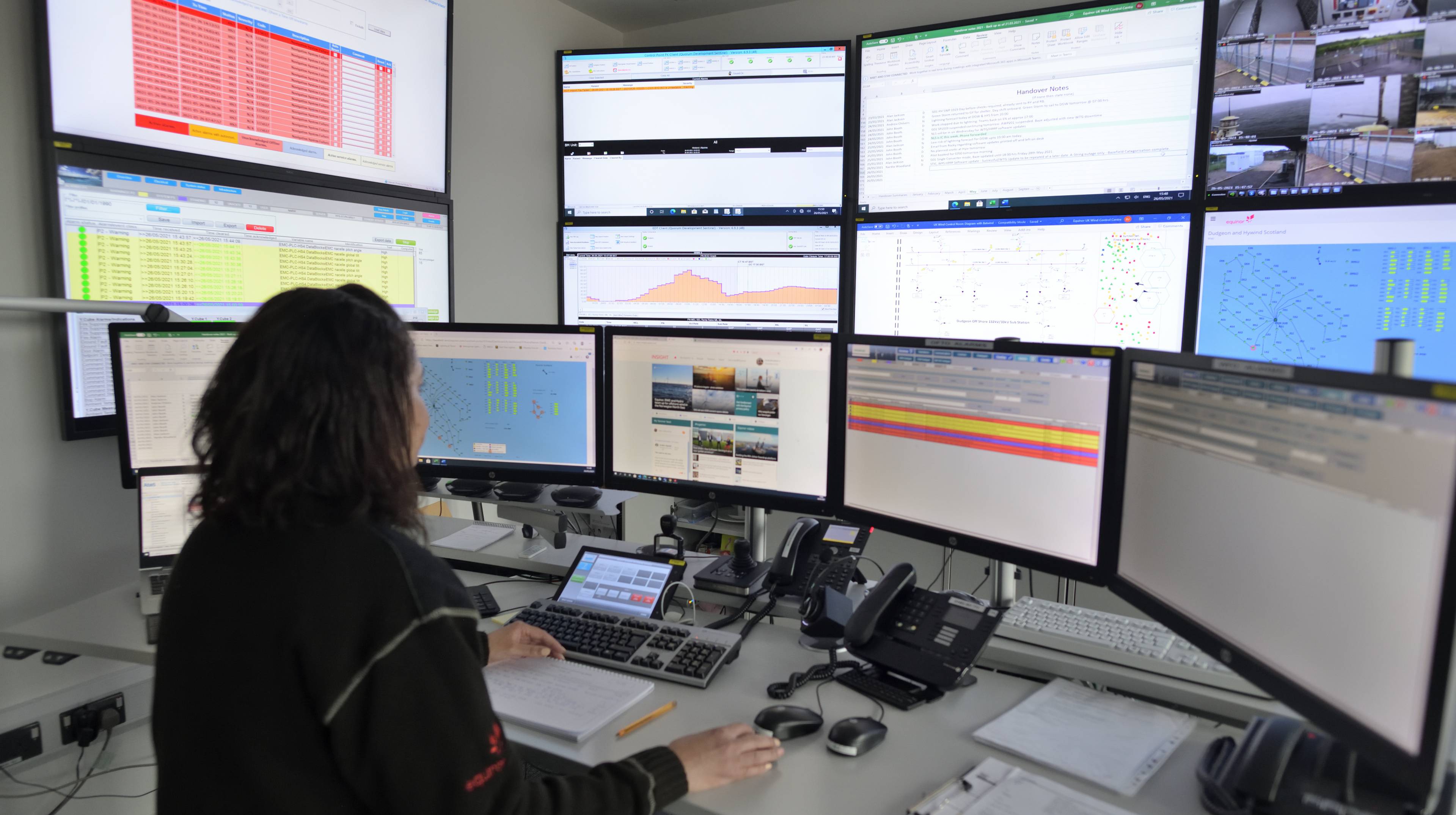 Woman sitting in control room with many monitors