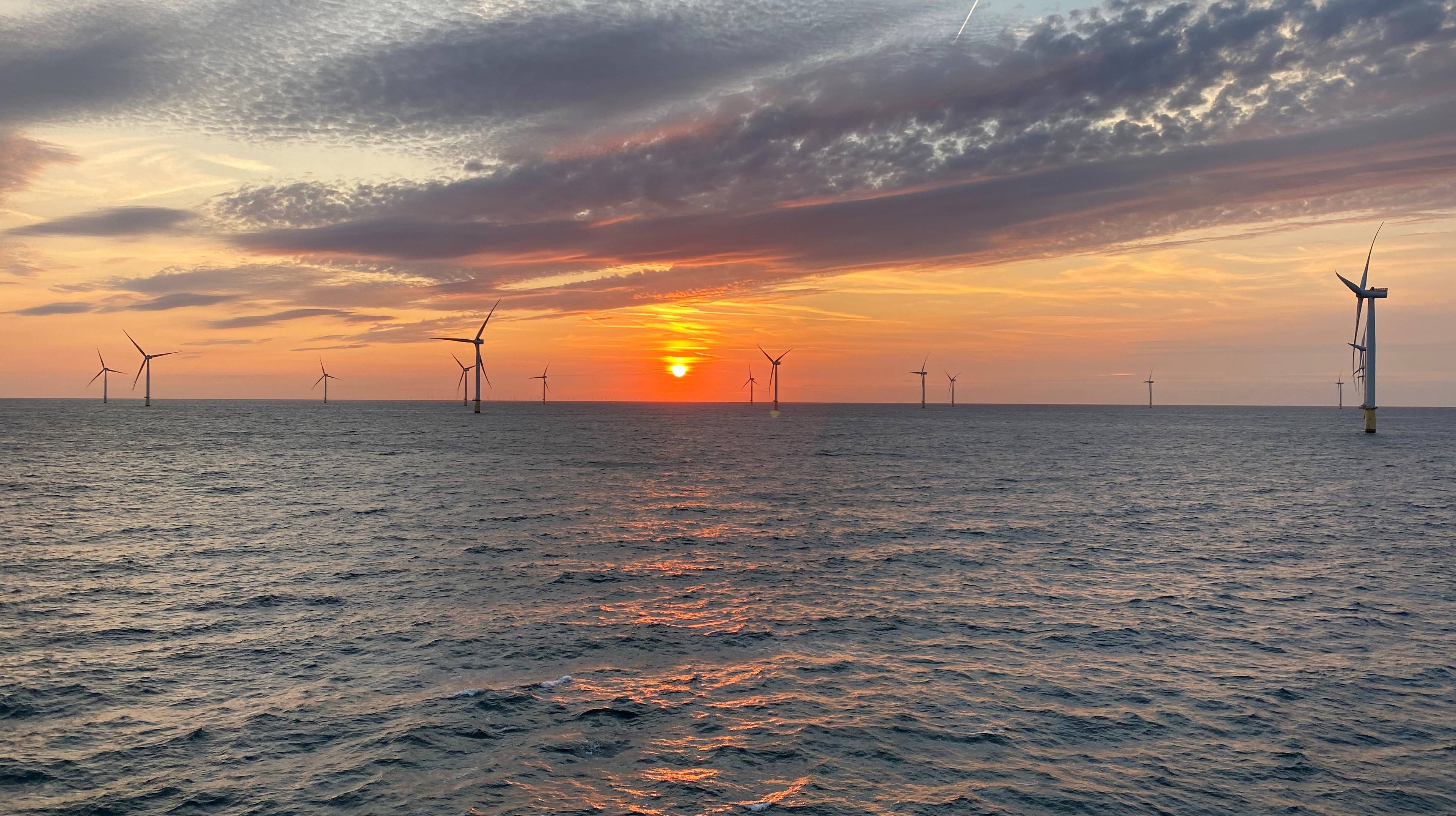 Sunset at the Dudgeon wind farm