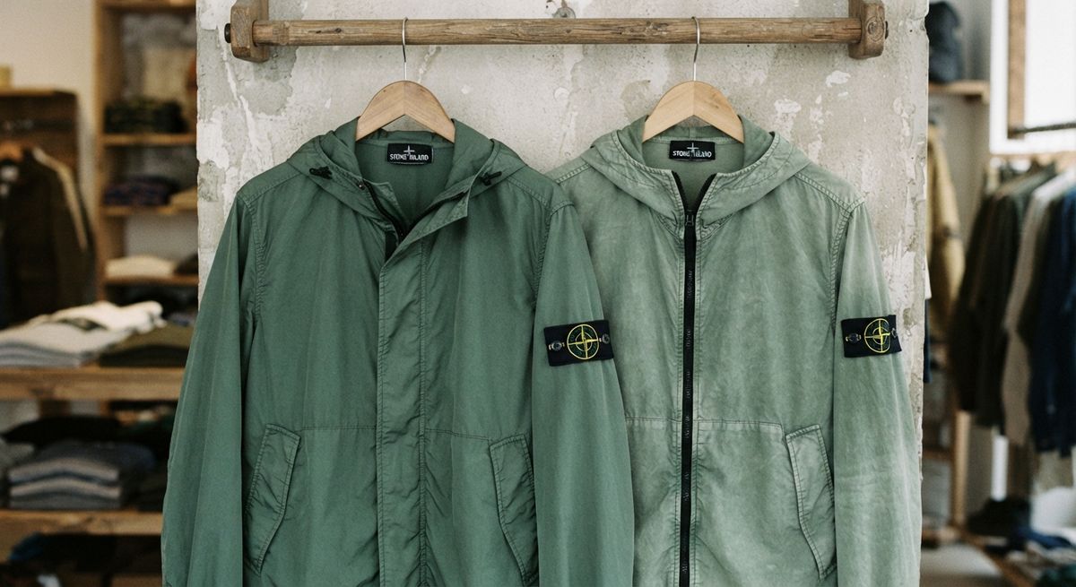 two Stone Island garment-dyed jackets from the same colourway, close enough to show the natural colour variation described above