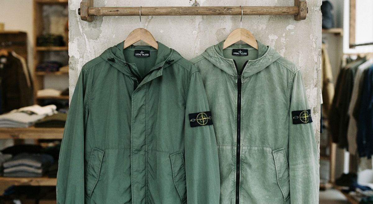 two Stone Island garment-dyed jackets from the same colourway, close enough to show the natural colour variation described above