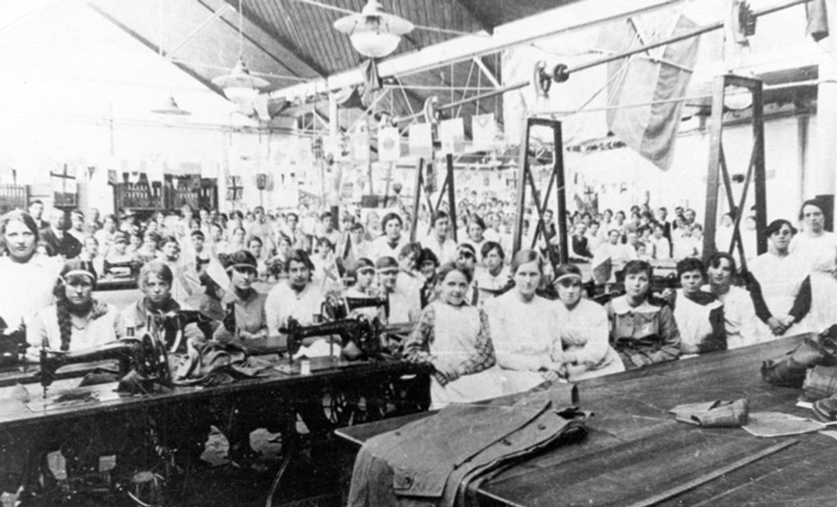 Seamstresses at Burberry's Basingstoke factory in 1918, producing waterproof coats for military officers