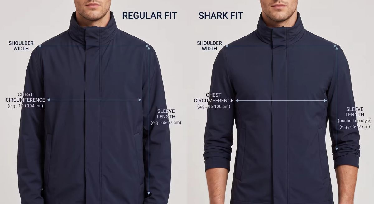 Silhouette comparison of Paul & Shark Regular Fit and Shark Fit showing shoulder width, chest taper, and sleeve length