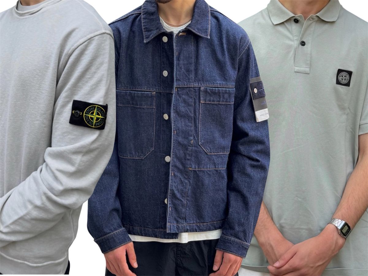 3 models wearing from left to right: A grey Stone Island sweater with Iconic compass badge, in the middle a denim coach jacket and on the right a greenish polo