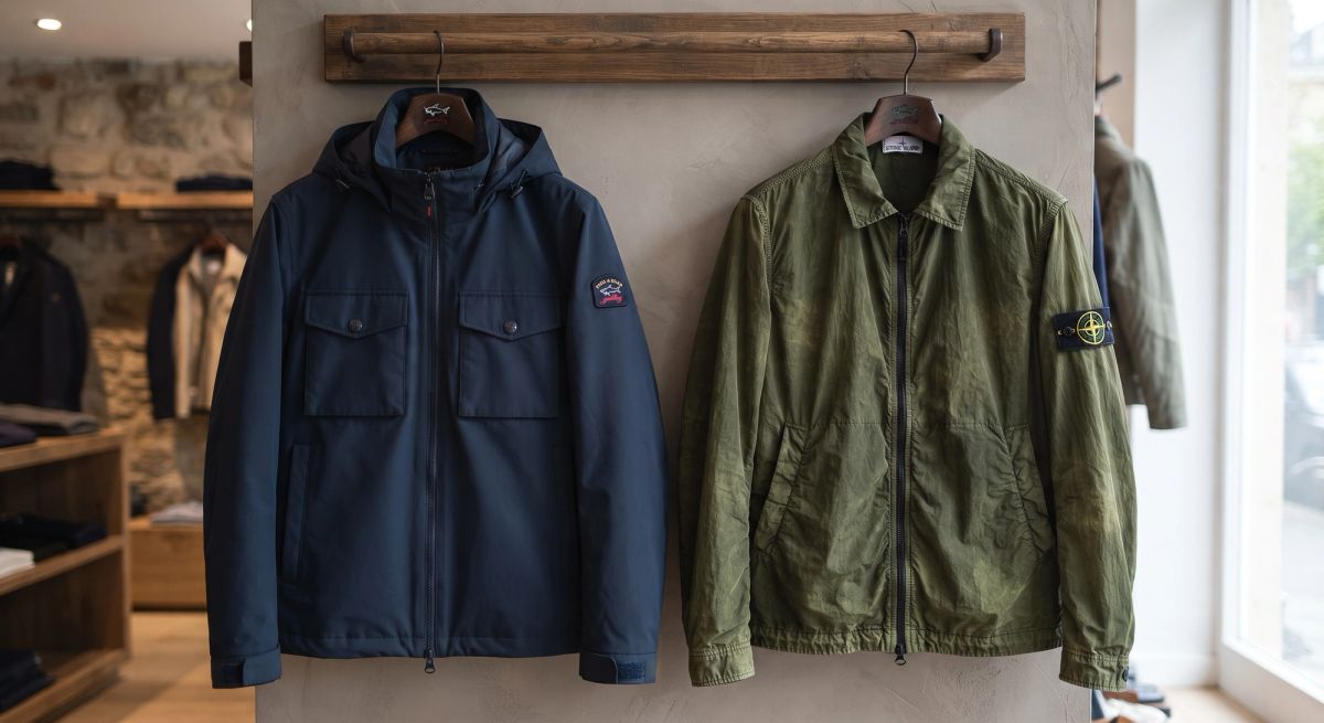 a side-by-side shot of a Paul & Shark Typhoon jacket and a Stone Island garment-dyed jacket, to set up the visual contrast between the two brands before the comparison starts