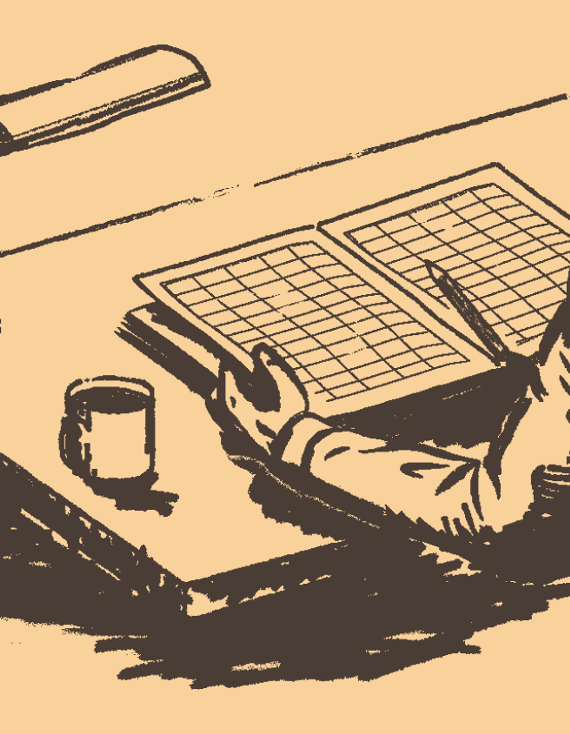 A stylized graphic of a three-ring binder