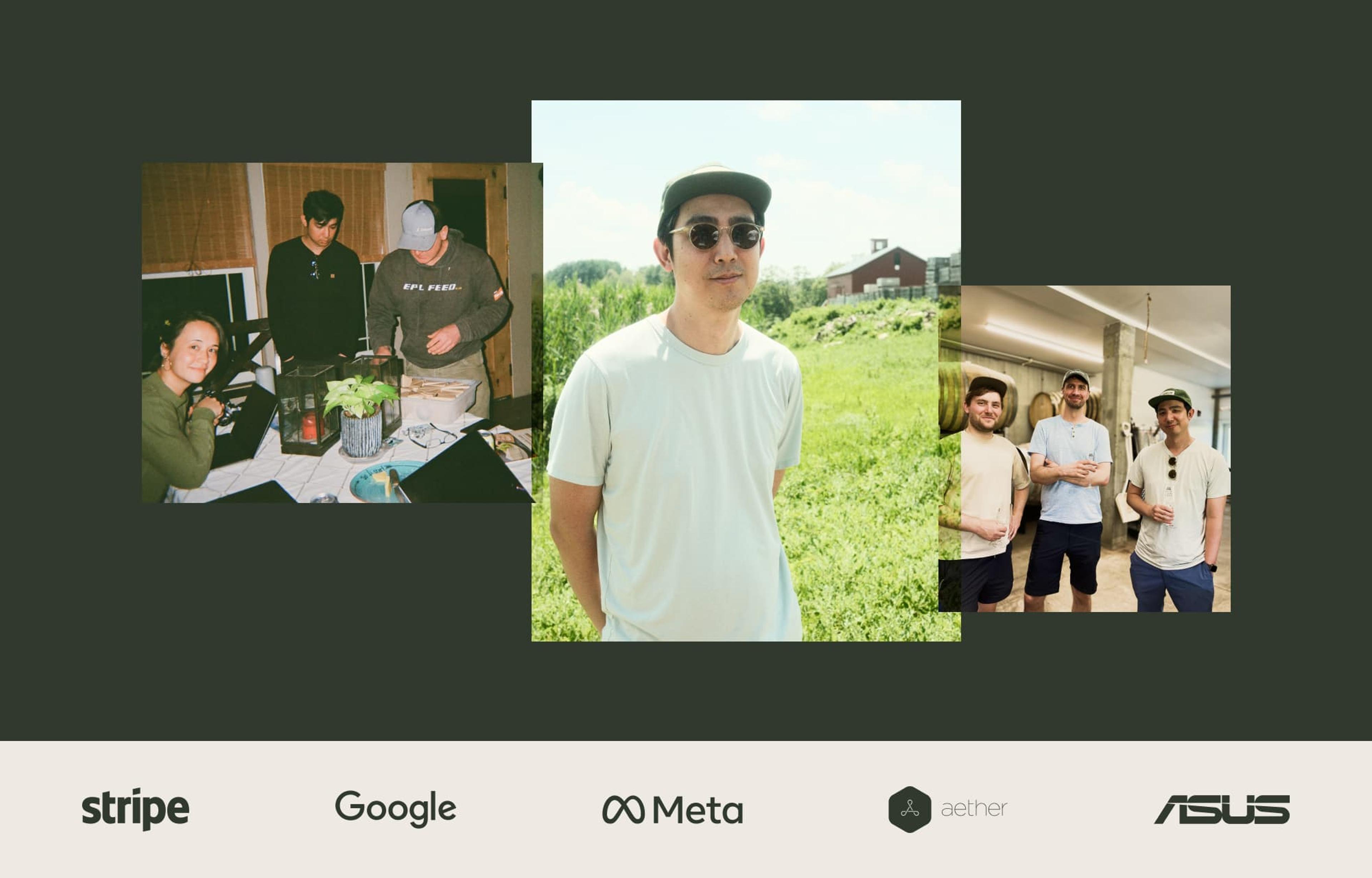 Photos of Calvin Ku and logos from work experience: Stripe, Google, Meta, Aether Things, Asus