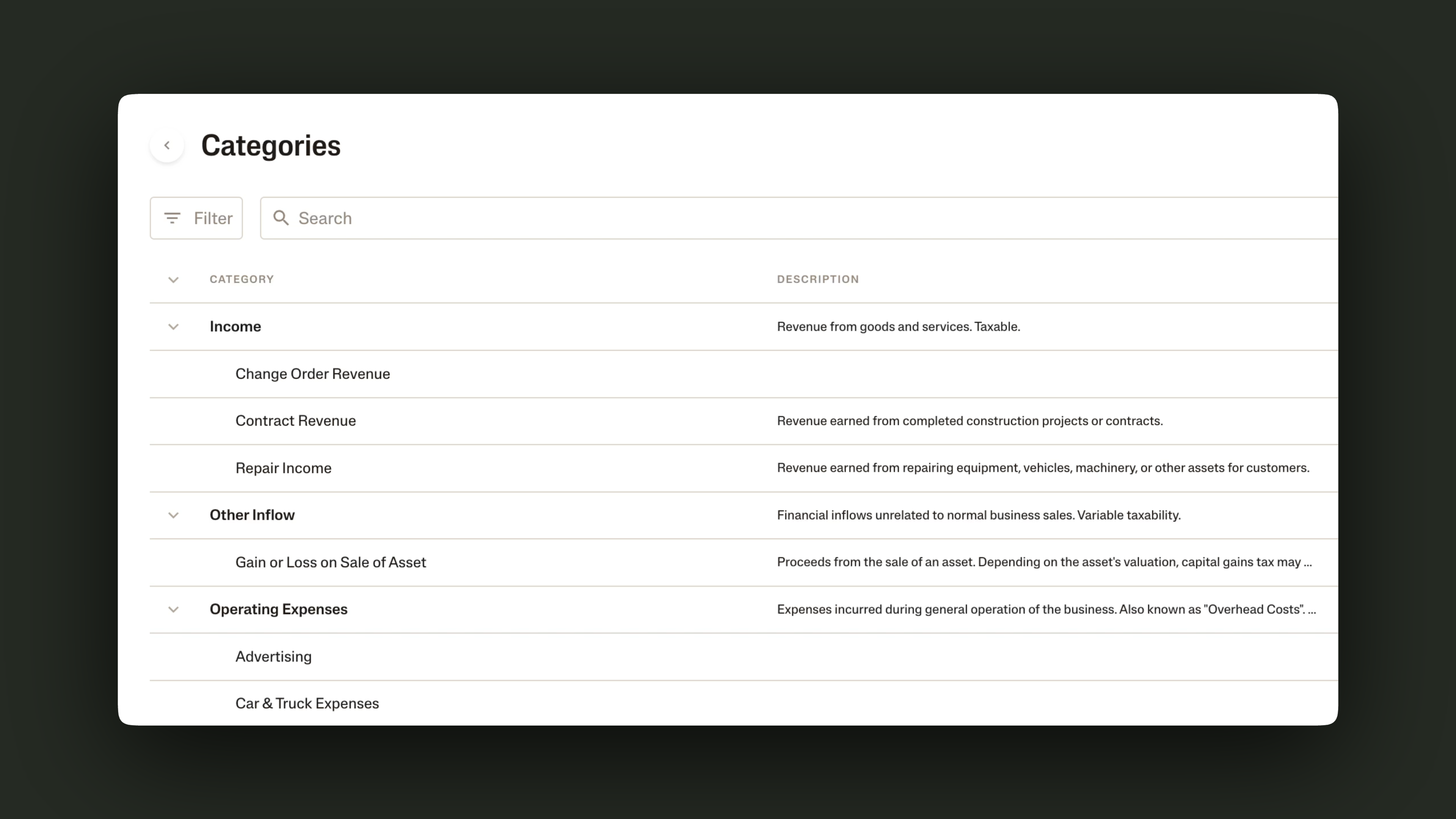 Screenshot of a list of categories in the Ambrook app.