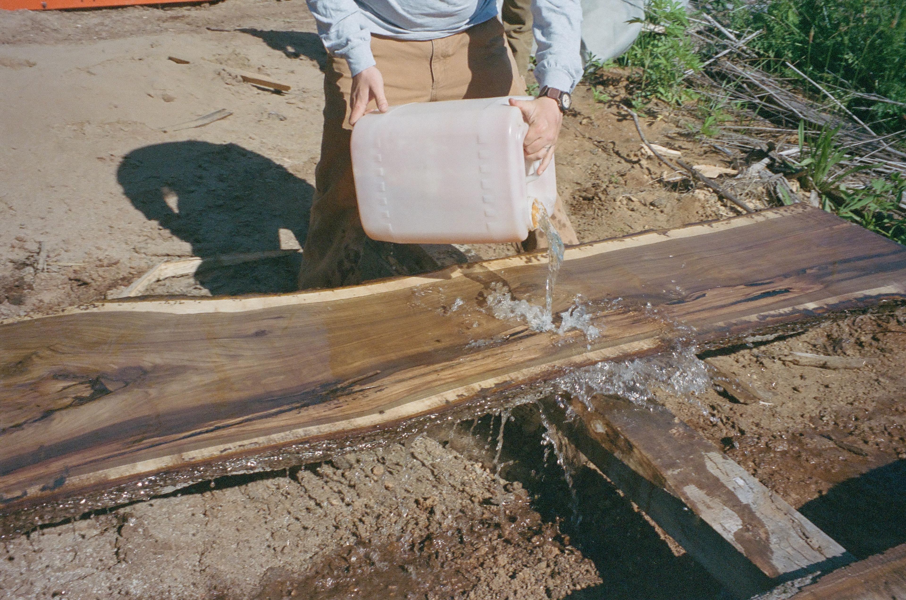 The crew pours water over a freshly cut live-edge wood slab to reveal its grain.