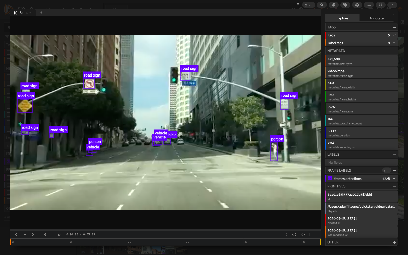 A FiftyOne video sample open in Explore mode, showing a downtown Los Angeles dashcam frame with vehicle, road sign, and person detections above the playback controls and a seconds ruler.