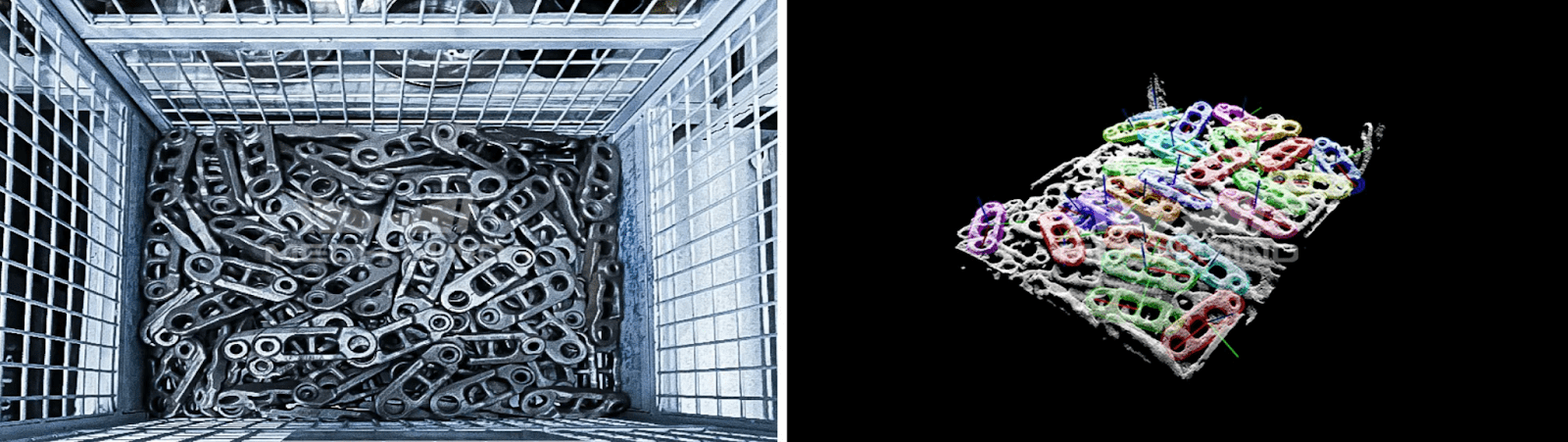Image of chains in a basked from the human eye and a second image of chains in a basket as viewed by a computer.