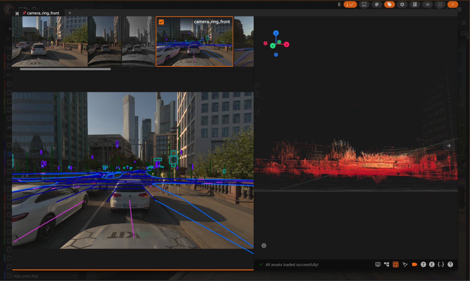 FiftyOne App showing camera_ring_front for the kitscenes-multimodal dataset, colored by the lidar_depth heatmap field, with the labels sidebar listing lidar_depth, hd_map, ego_trajectory, and seamseg.
