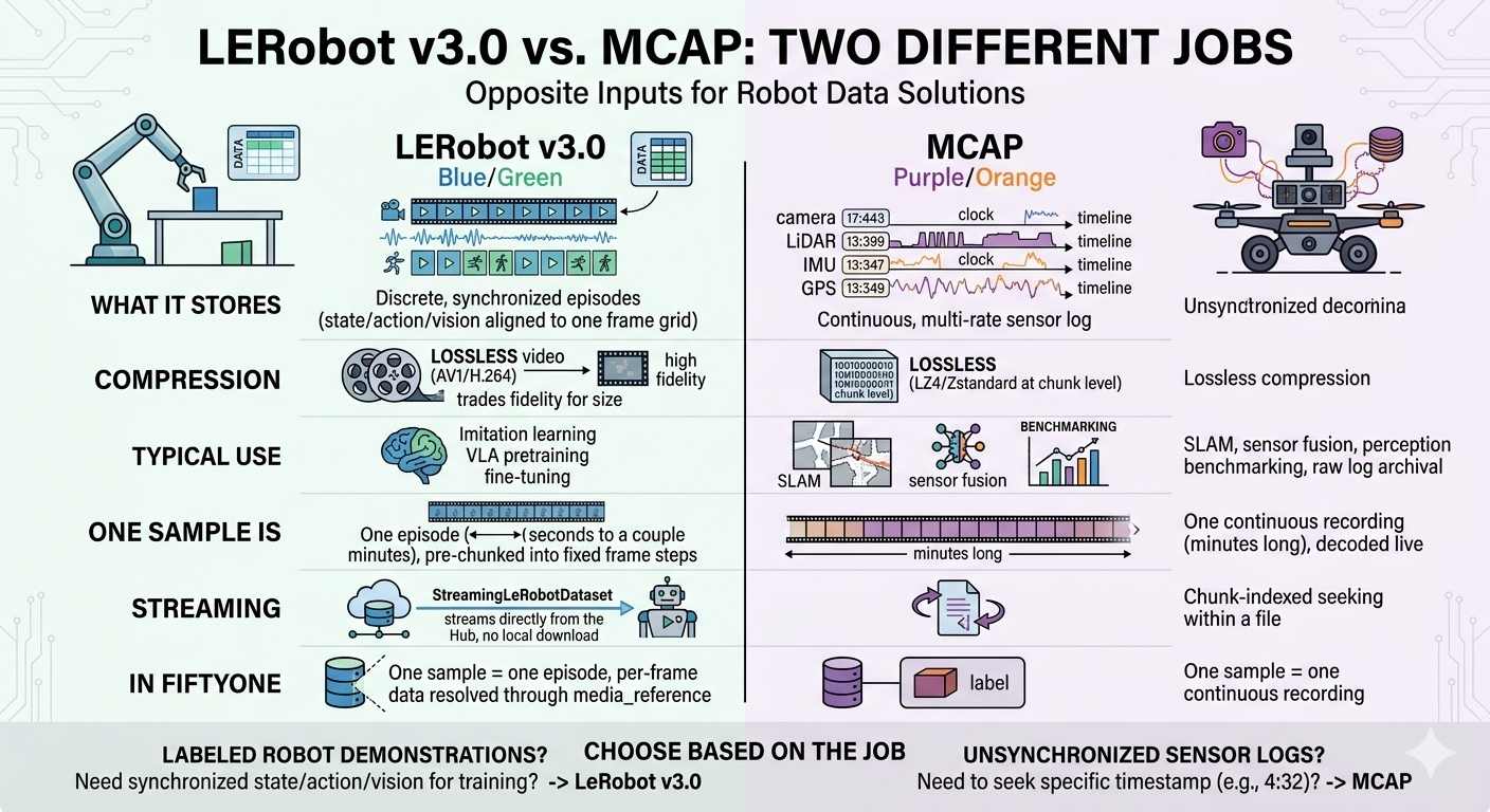 Comparison infographic of LeRobot v3.0 and MCAP across what each format stores, compression, typical use, what one sample is, streaming, and how each appears in FiftyOne.