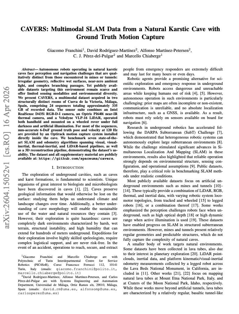 Title page of the CAVERS paper on multimodal SLAM data from a natural karstic cave with ground truth motion capture.