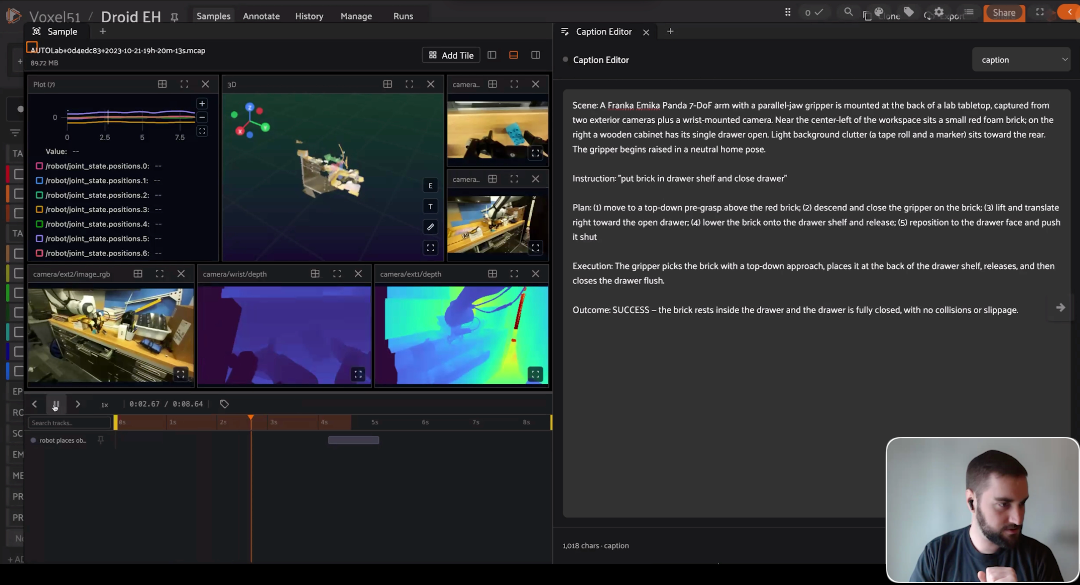 Custom caption editor plugin in FiftyOne showing a VLM-generated scene, plan, and outcome caption beside a robot episode