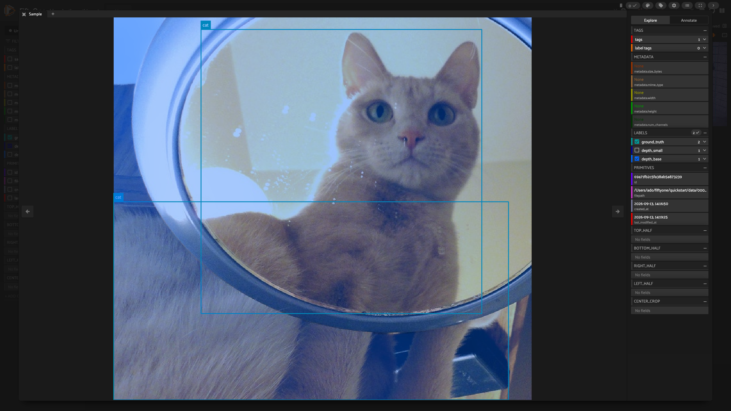 The same mirror and cat photo with the depth_base prediction selected instead of depth_small, showing a cooler depth overlay across the reflection.