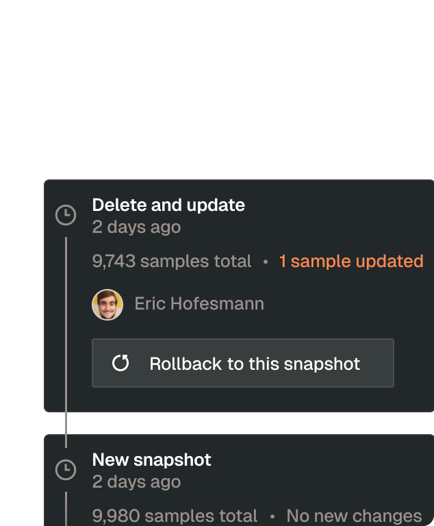FiftyOne Enterprise dataset versioning view with snapshots, sample counts, and a rollback-to-snapshot option.
