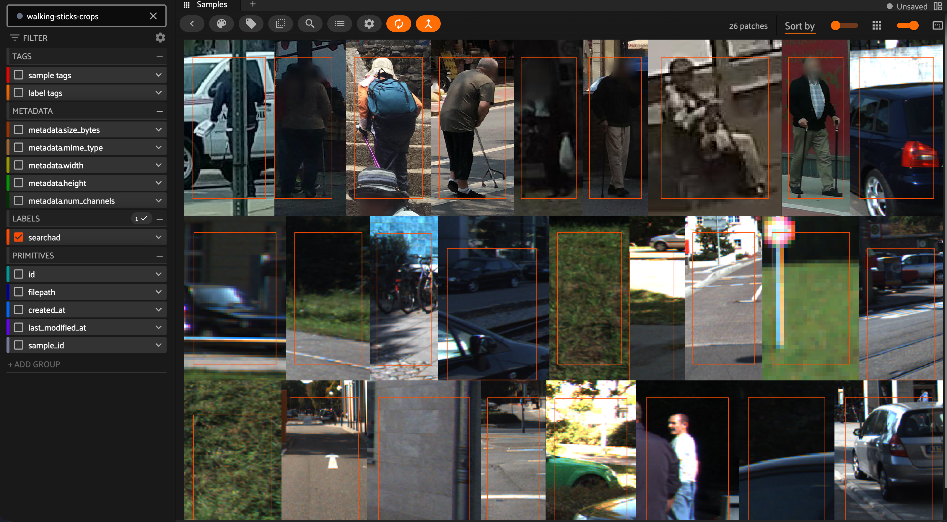 A FiftyOne grid of cropped image patches, each showing a pedestrian using walking sticks or crutches, drawn from KITTI and Mapillary frames in SearchAD.