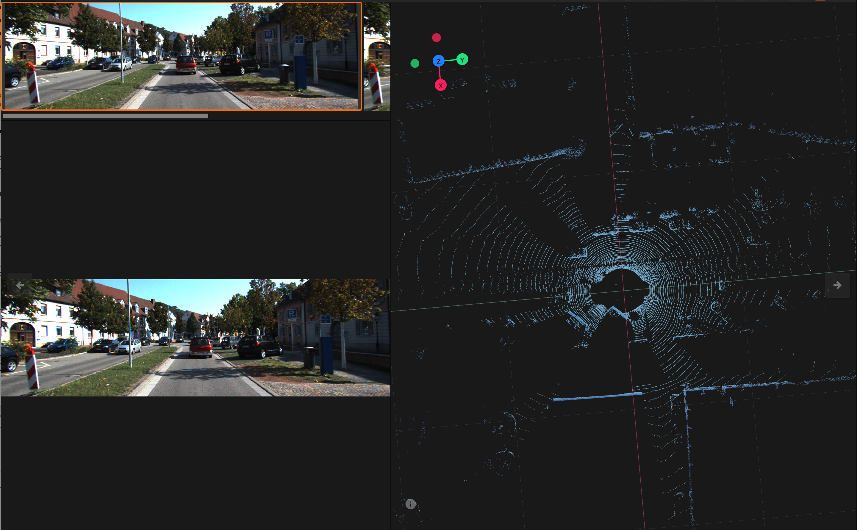 A grouped sample in FiftyOne showing street-scene camera images alongside a 360-degree LiDAR point cloud of the same moment, aligned in one view
