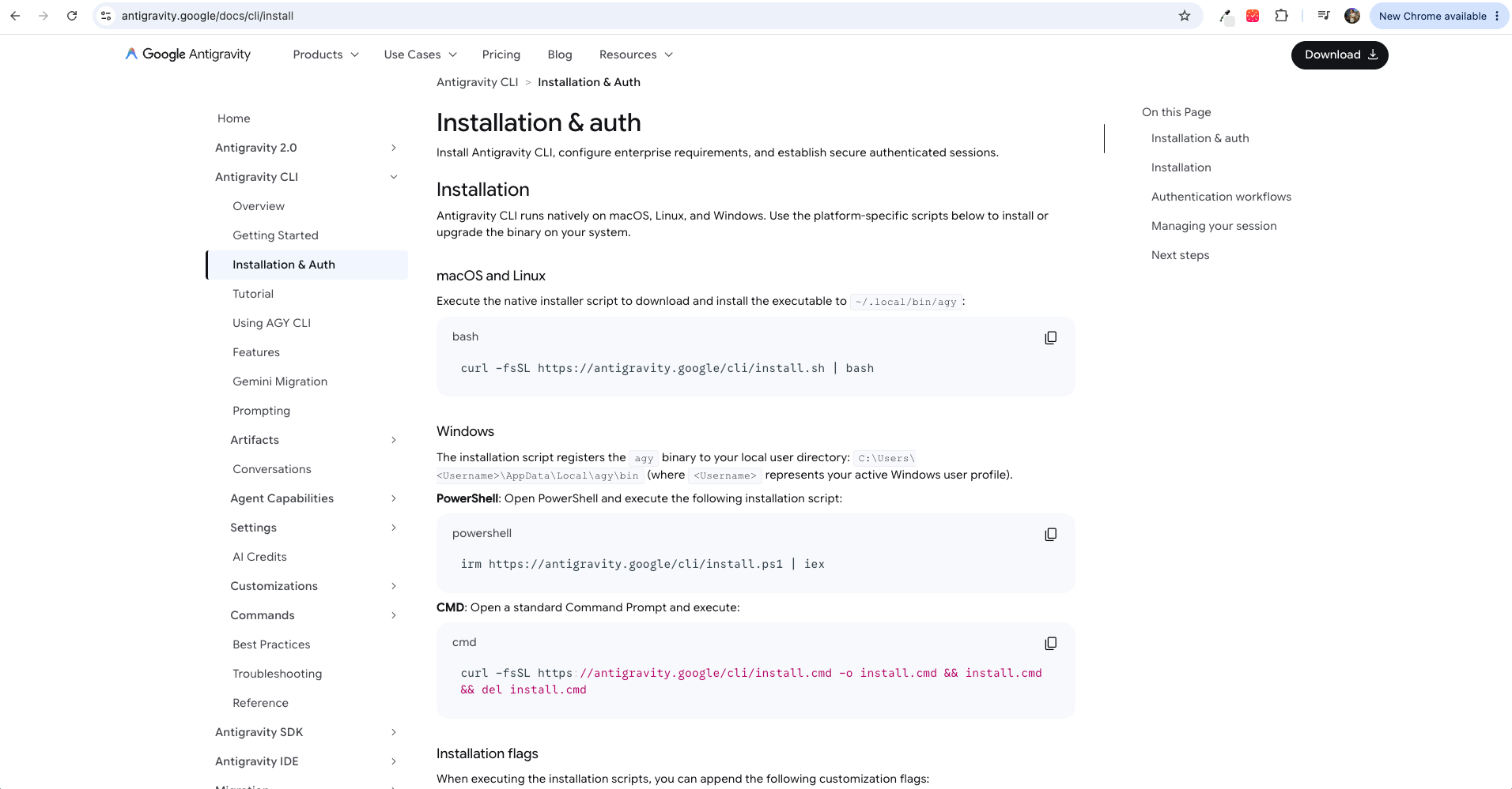 Google Antigravity CLI installation documentation page showing the curl install command.