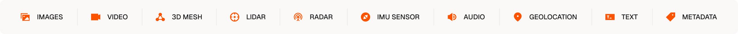 Supported data multi-modalitiescons for FiftyOne's multimodal data support: images, video, 3D mesh, lidar, radar, IMU, audio, geolocation, and text.