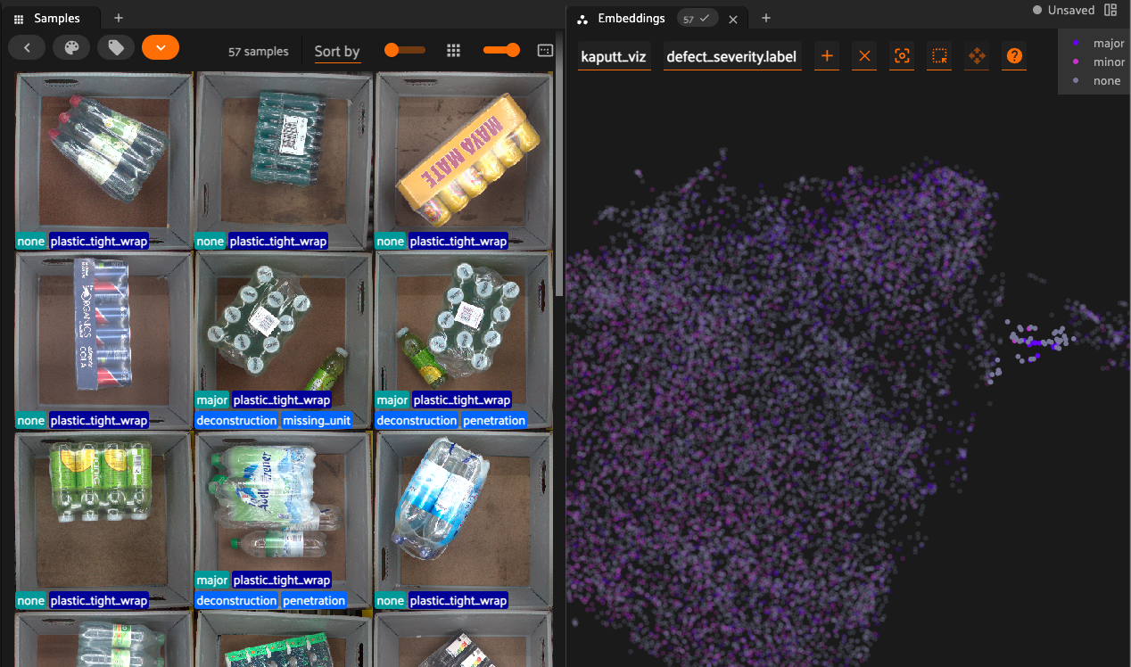 FiftyOne Embeddings panel showing a UMAP plot of Kaputt samples colored by defect severity, beside a grid of shrink-wrapped retail items