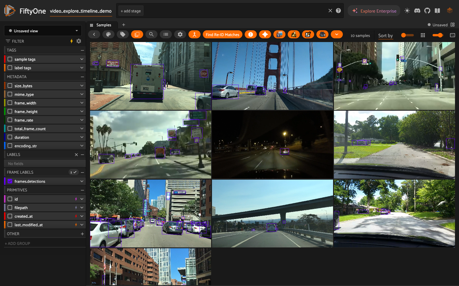 All ten quickstart-video clips, real dashcam footage with dense per-frame detections.