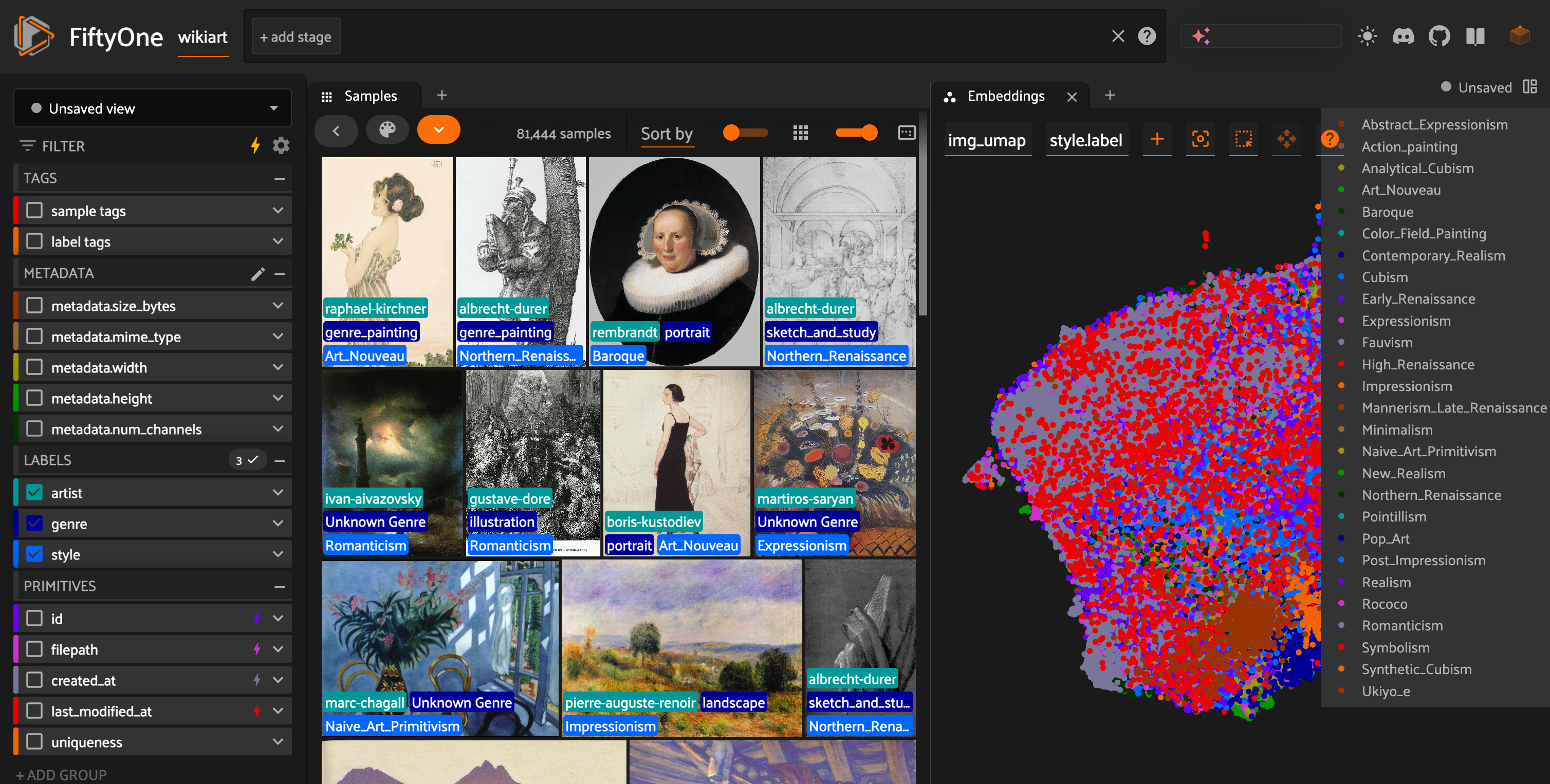 The FiftyOne Embeddings panel colored by style, showing 27 art styles clustering into distinct regions.