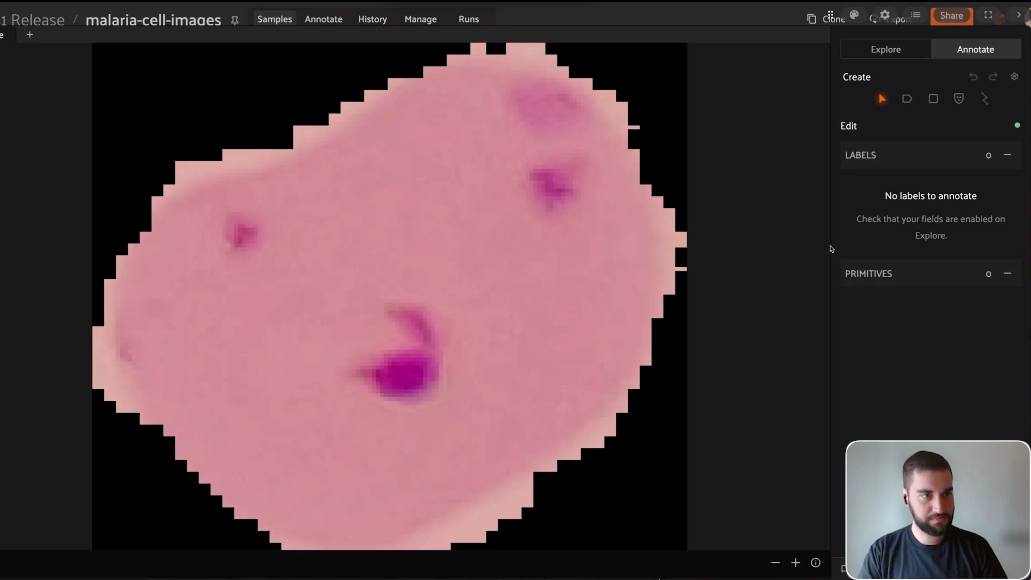 FiftyOne Annotate tab on a single cell image with the create toolbar visible and no labels yet