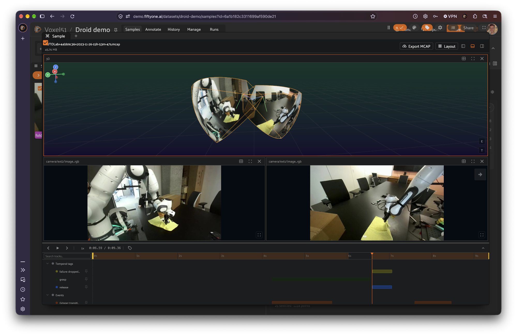 FiftyOne App playing a DROID episode in sync across a 3D view and two external cameras as a robot gripper folds a yellow cloth. The timeline at 6.59 seconds shows a "failure: dropped cloth" temporal tag overlapping the automatic release phase tag.