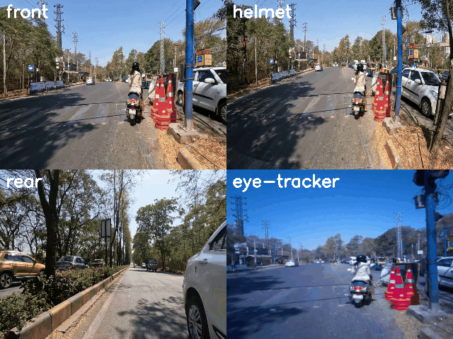 MOTOR clip shown from four synchronized cameras labeled front, helmet, rear, and eye-tracker on a street