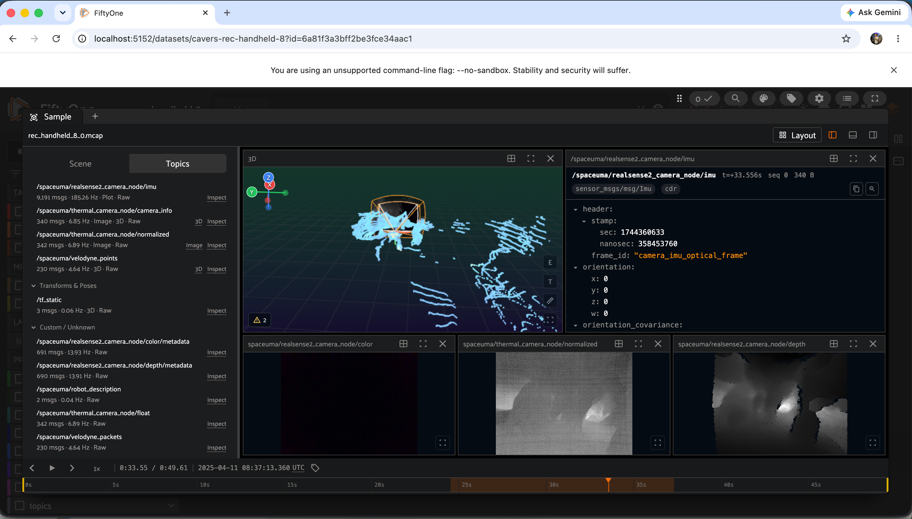 FiftyOne multimodal viewer showing rec_handheld_8 with point cloud, decoded IMU, RGB, thermal, and depth tiles on one shared timeline.