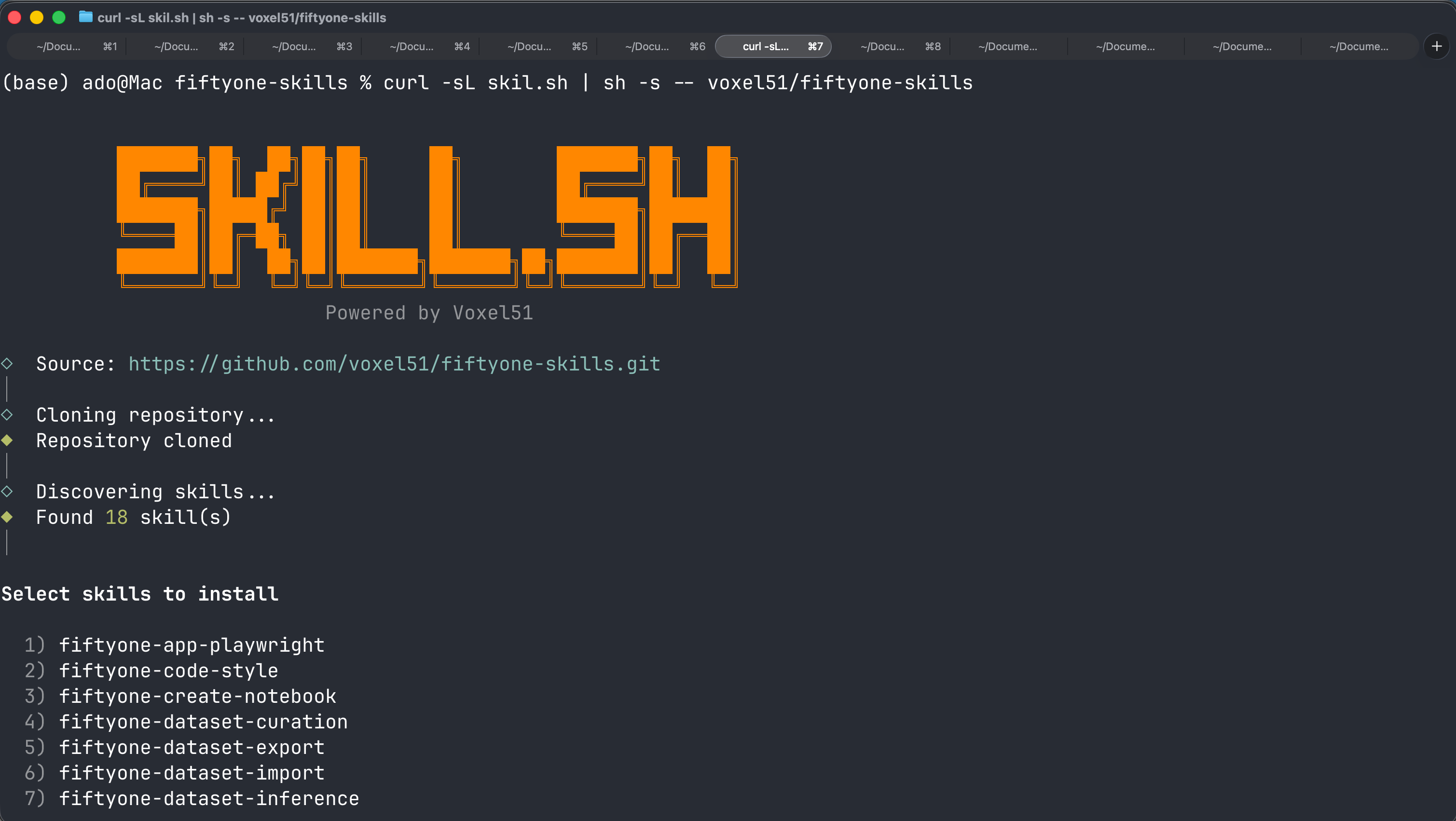 Terminal output of the fiftyone-skills installer discovering eighteen agent skills and prompting which to enable.